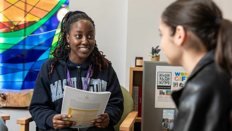 Two female students chatting int he Chaplaincy